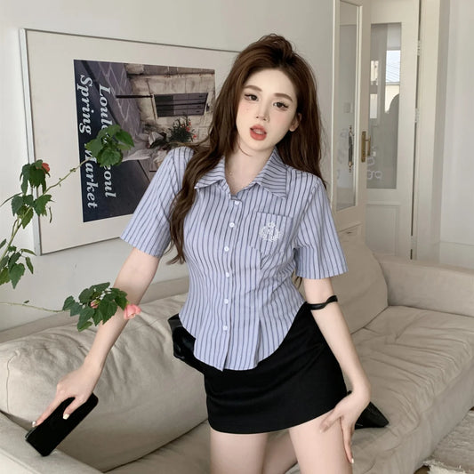 Shirt Crop Button Up Striped Short Sleeve