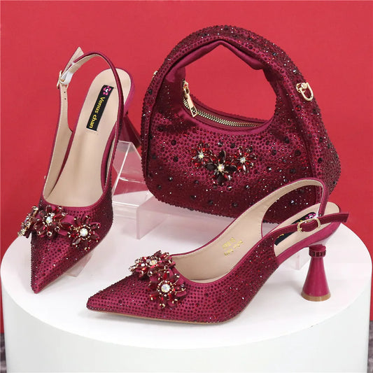Pointed Toe High Heels,  Bags Set With Rhinestone