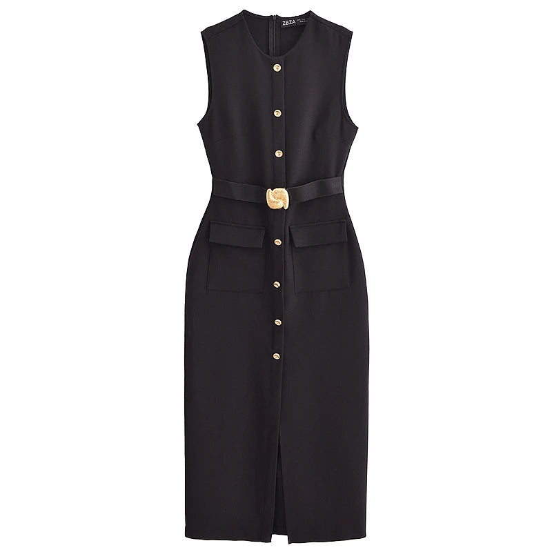 Belt Midi Sleeveless Slim Dresses