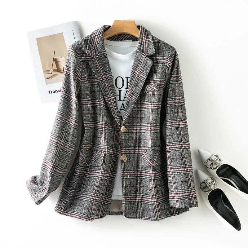 Single Breasted Plaid Long Sleeve  Blazers