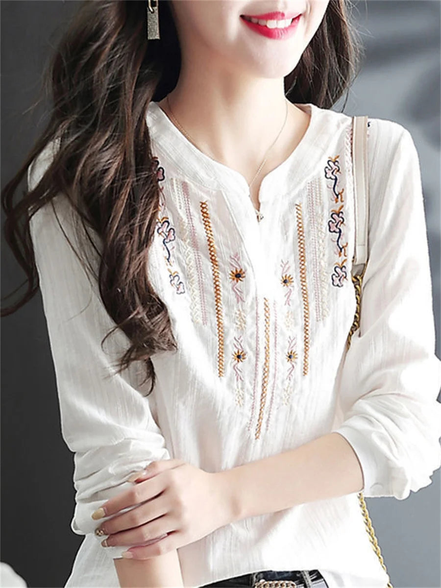 White Blouses V-Neck Long Sleeve