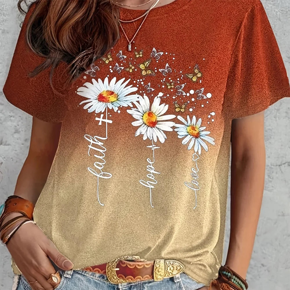 Flower Print Loose Round Neck  Short Sleeve