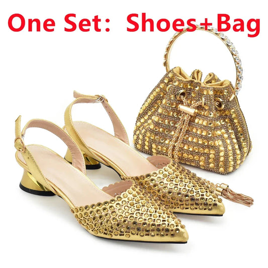 Italian Shoes with Matching Bags Decorated with Rhinestone