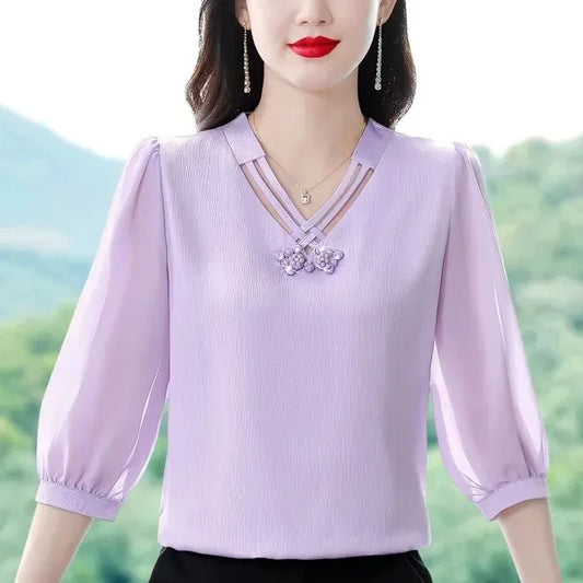 V Neck  3/4 Sleeve Pullovers Chiffon Blouse