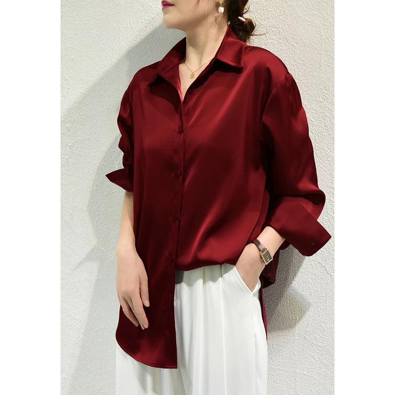 Satin Finish Blouses Long Sleeve Button