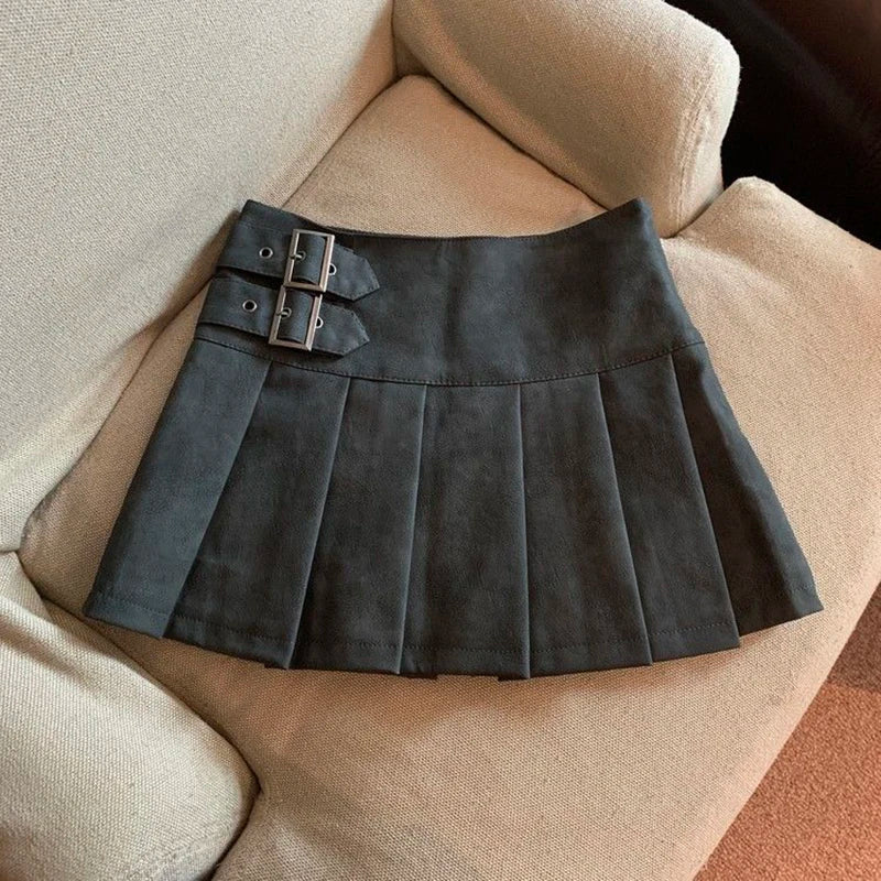 Leather Mini  High Waist Pleated Skirt
