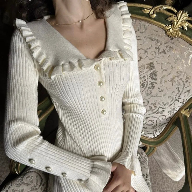 Winter Patchwork Ruffles Knitted Long Dresses