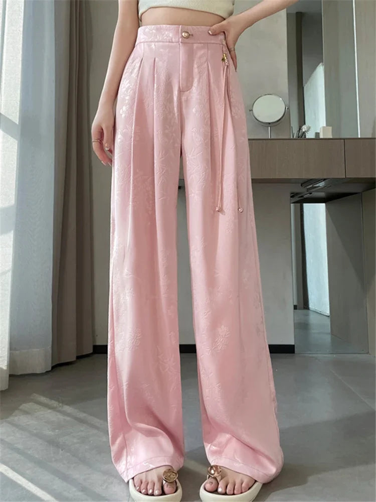 New Wide Leg Satin Casual Pants Female
