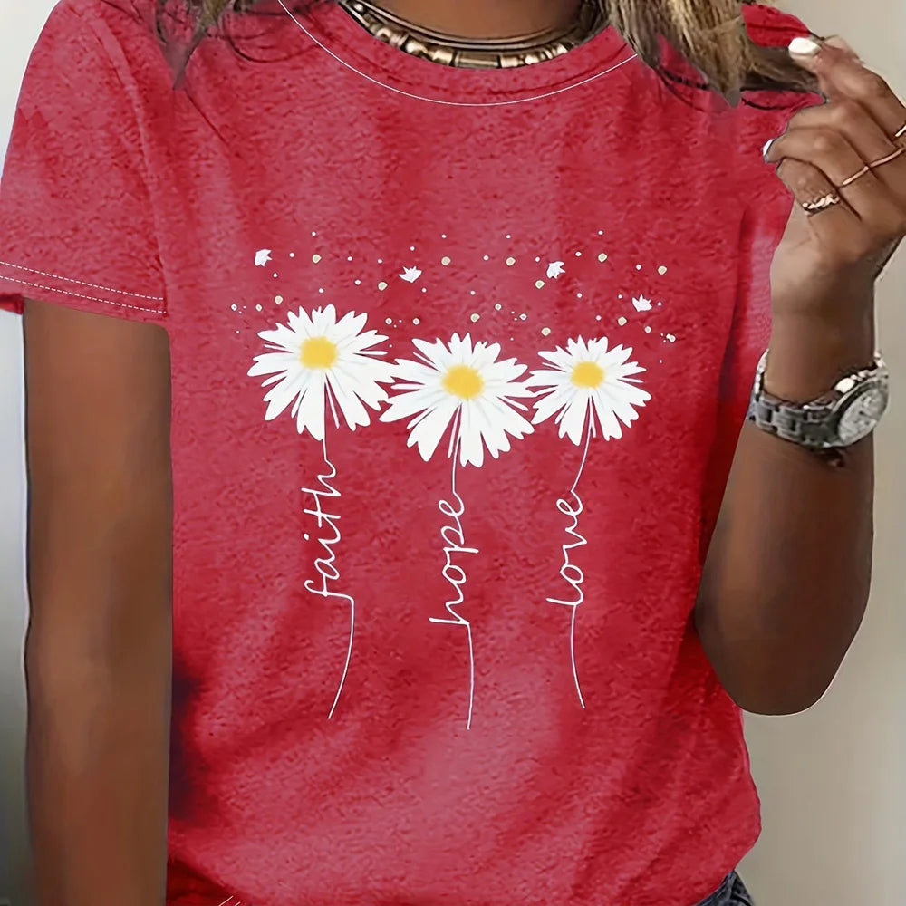 Flower Print Loose Round Neck  Short Sleeve