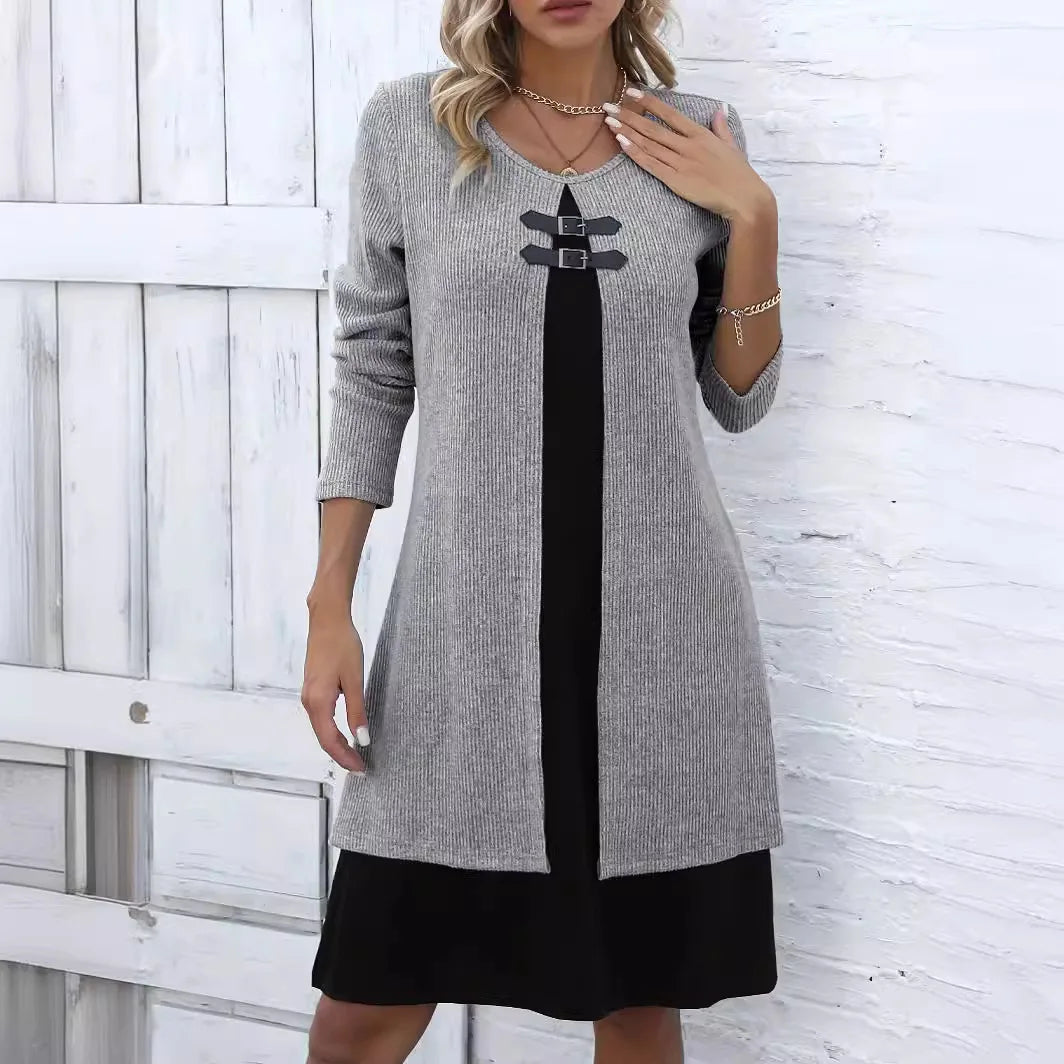 Solid Long Sleeved Round Neck Knitted  Dress