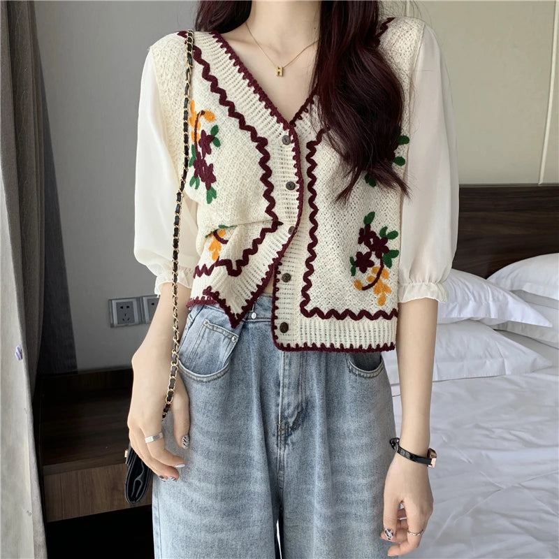 Flower Embroidery Crochet  Chiffon Sleeve  Top