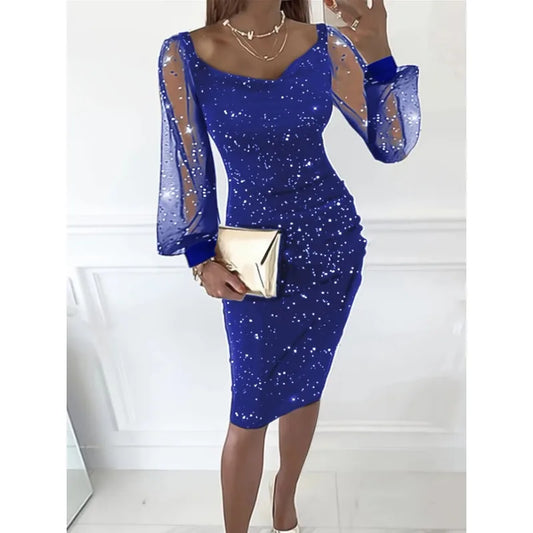 Plus Size 1XL-5XL Transparent Mesh Sleeve Dresses