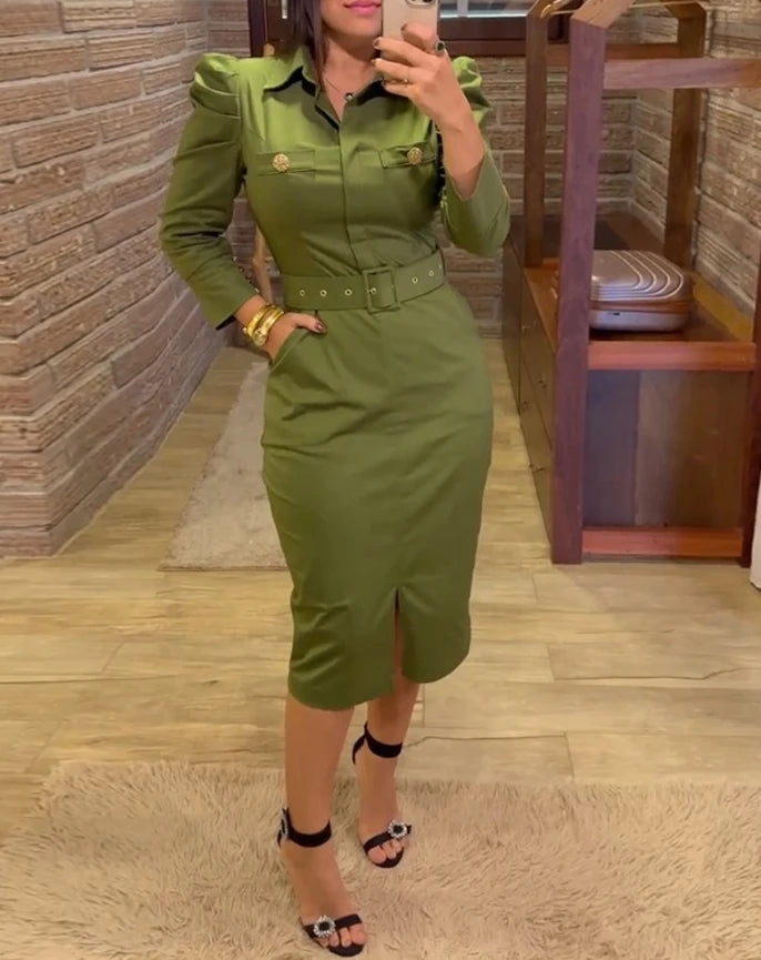 Long Sleeve Button Decor Front Slit Dress