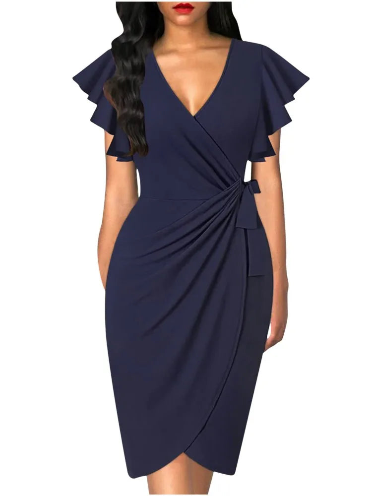 Slim Fit Dress Waist Cinching Pleating Solid Color