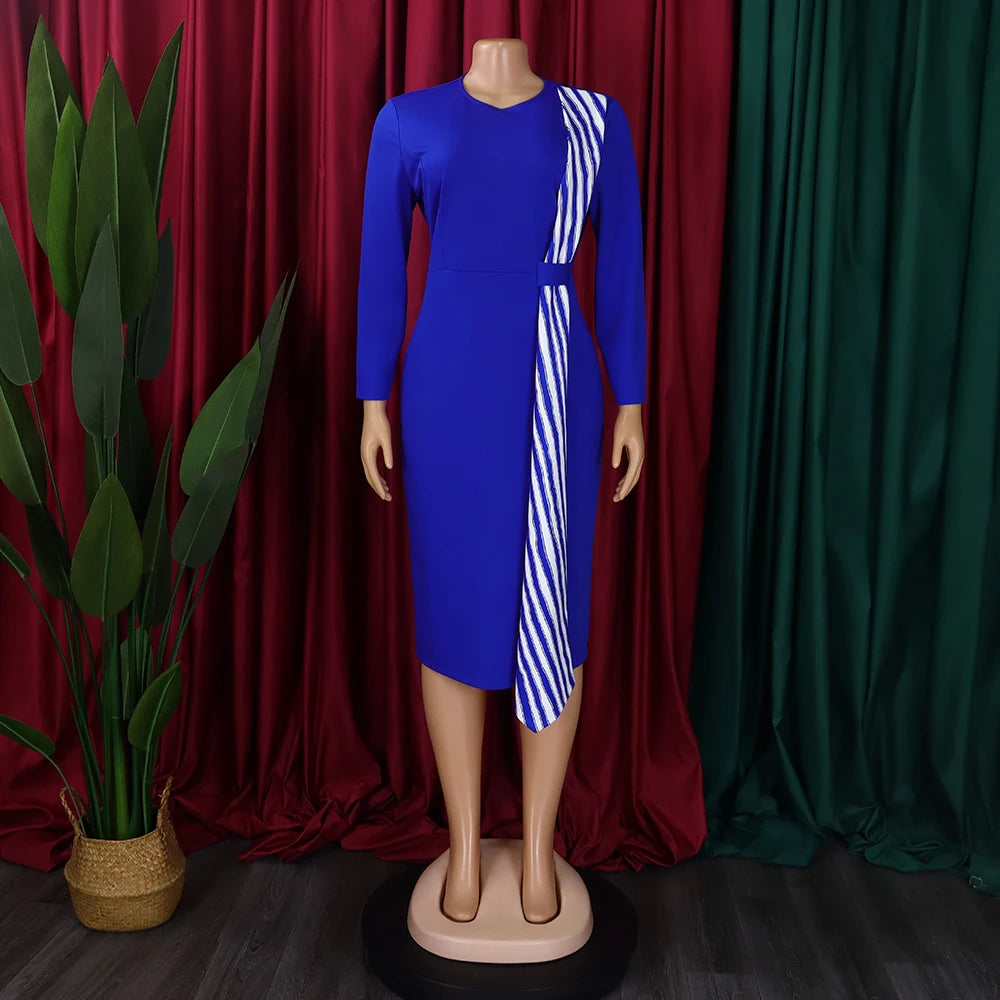 O-Neck Full Sleeve Striped Sheath Mid Calf