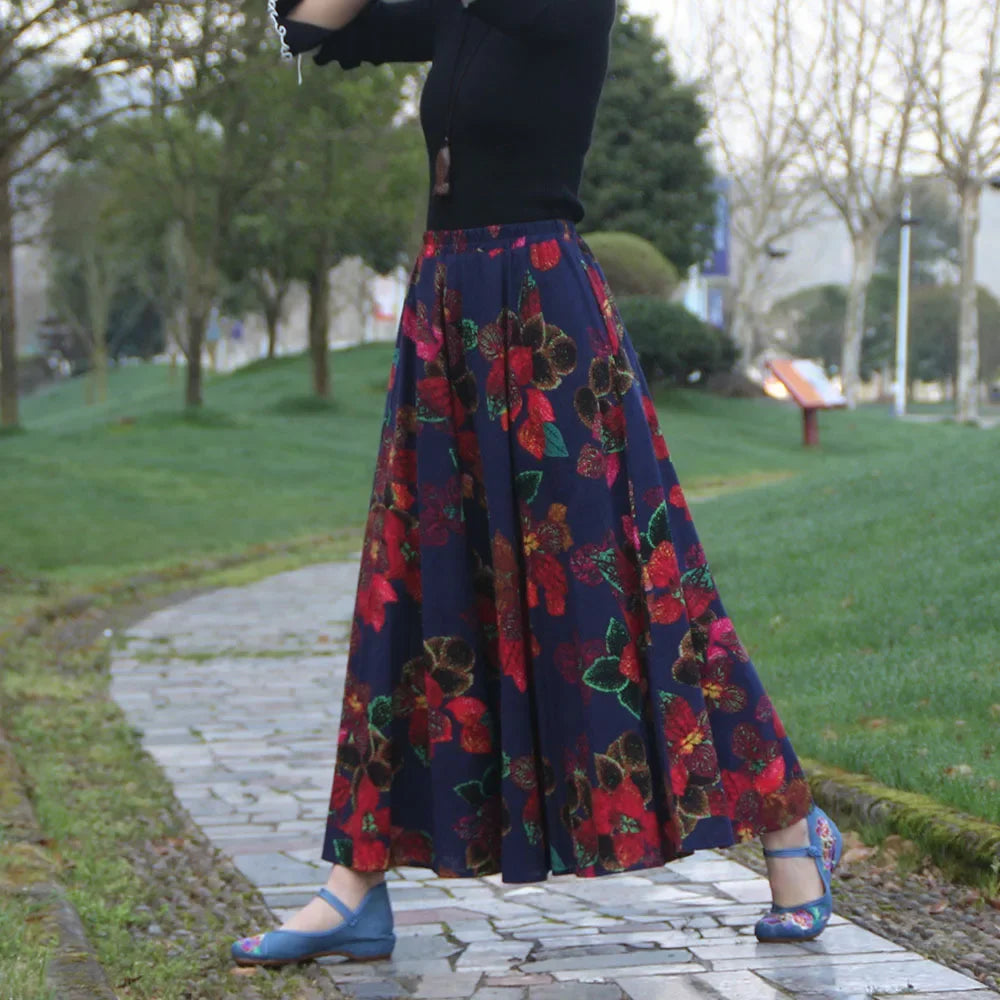 Cotton Linen Print Long Skirt Vintage