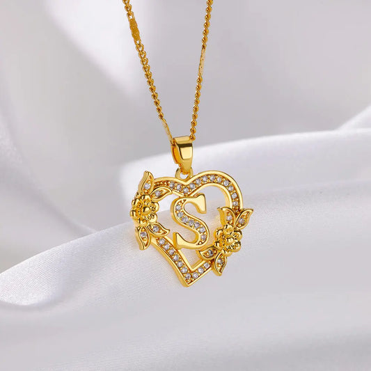 Heart Initial, Gold Color Stainless Steel Chain