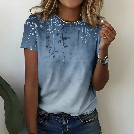Blue And White Flower Pattern T-shirt Casual