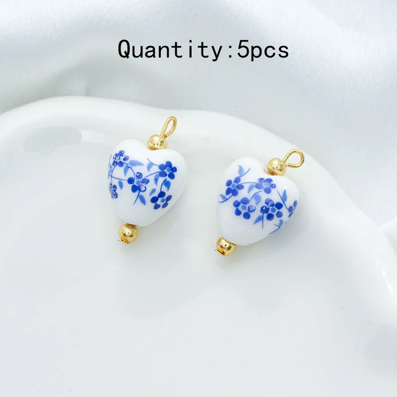 5Pcs Blue printing Adorable Ceramic Charms