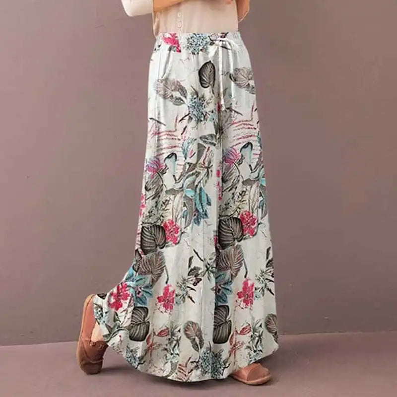 Women Floral Print Wide Leg Elastic Waist Pantalon