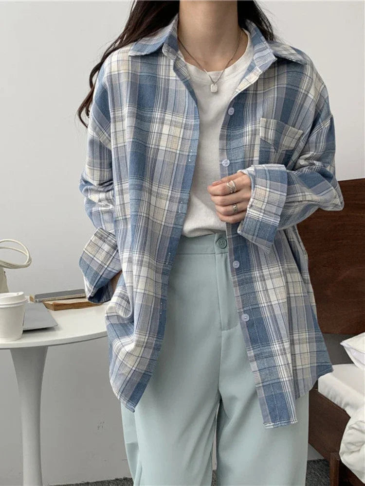 Long Sleeves Mid Length Plaid Shirt