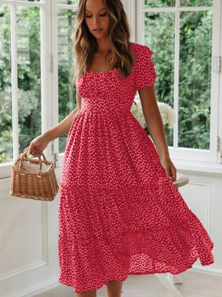 Puff Sleeve Casual Square collar floral maxi