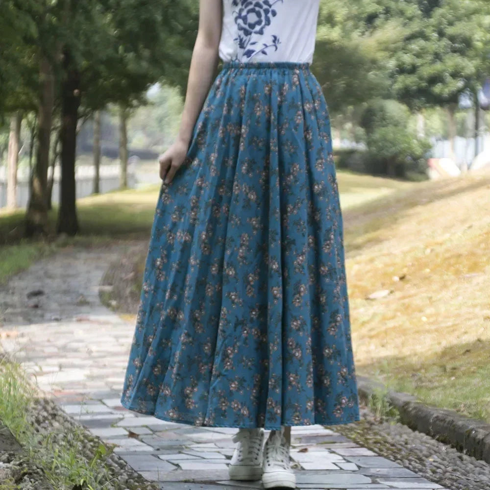 Cotton Linen Print Long Skirt Vintage