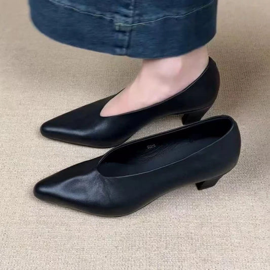Leather Shoes Black Pumps Square Toe