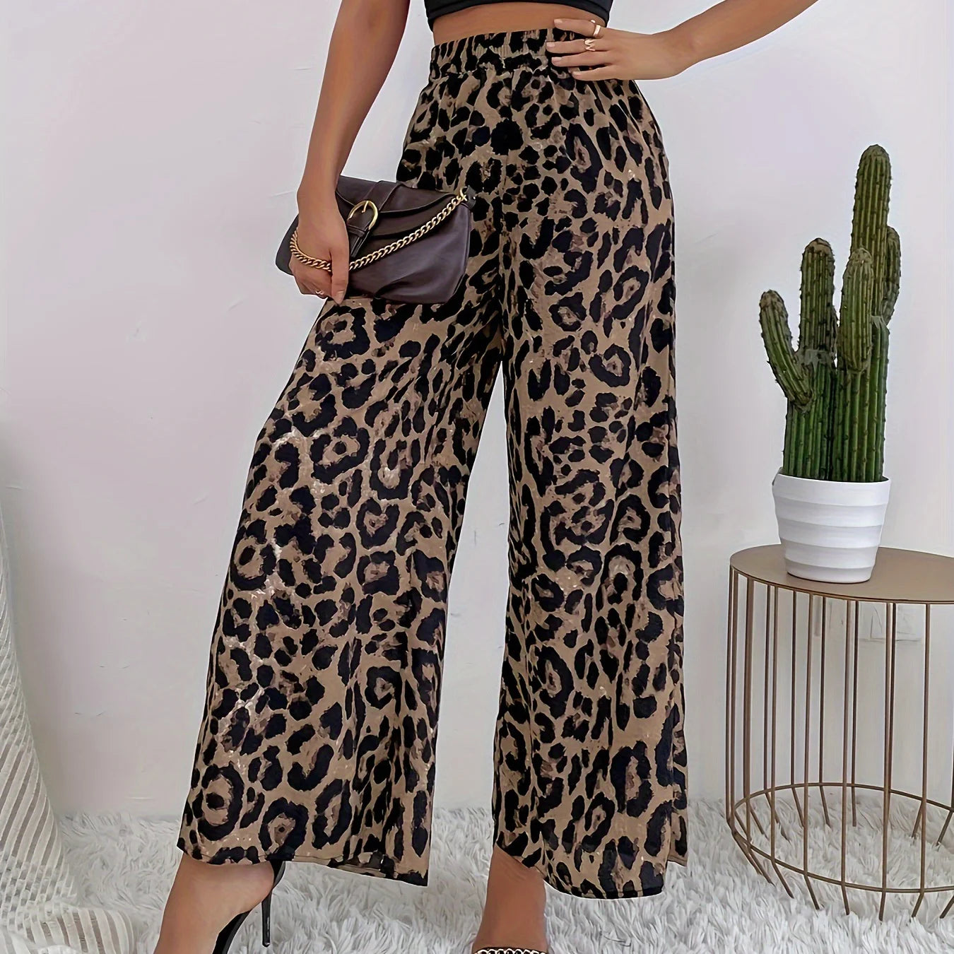 American  leopard print elastic waist wide leg