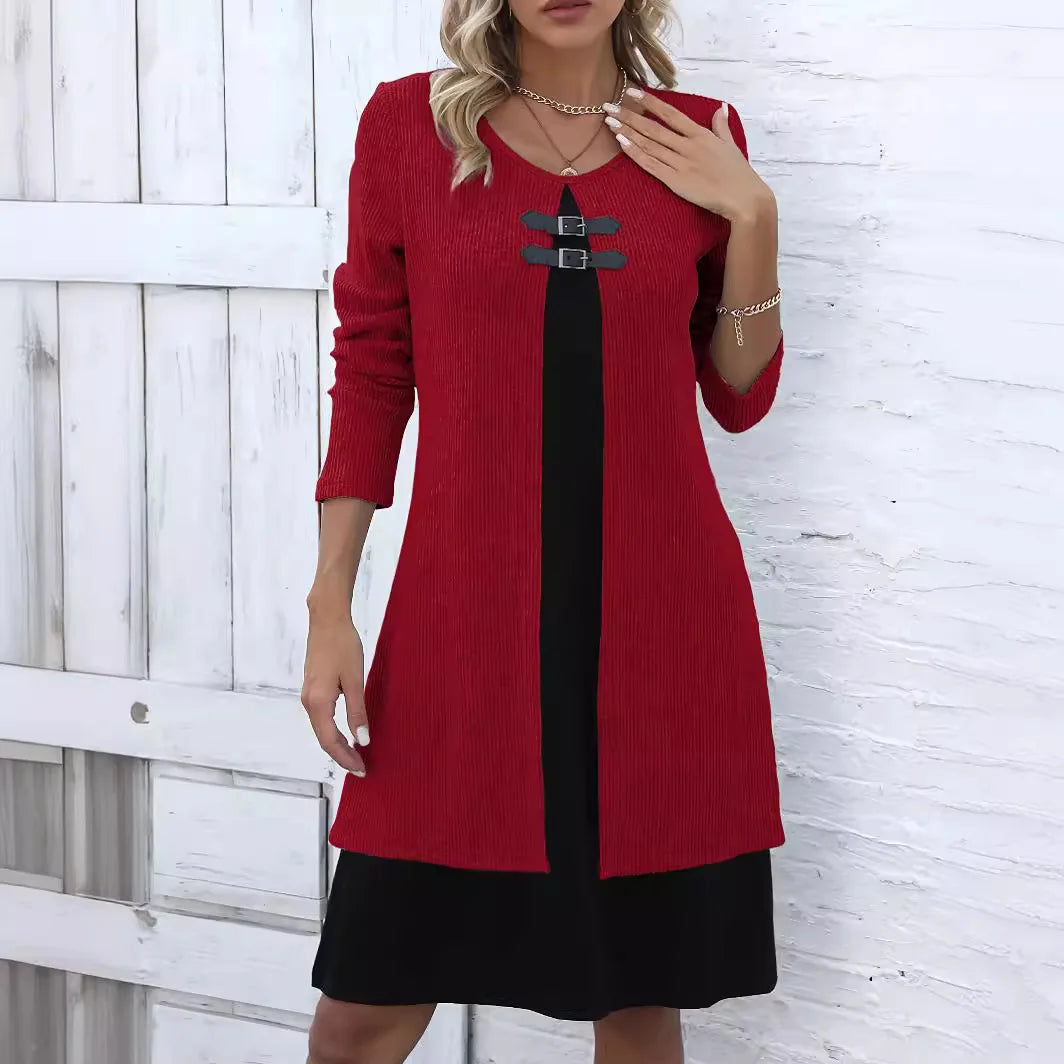 Solid Long Sleeved Round Neck Knitted  Dress