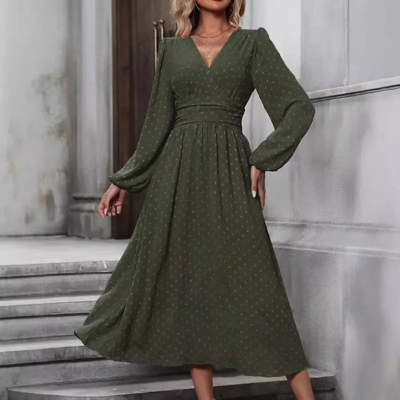 Off-Shoulder Lantern Sleeve Pleated Long Dress