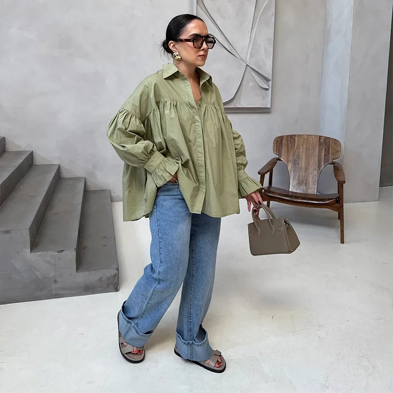 Lantern Sleeve Buttons Turn-Down Collar Pleated Blouse