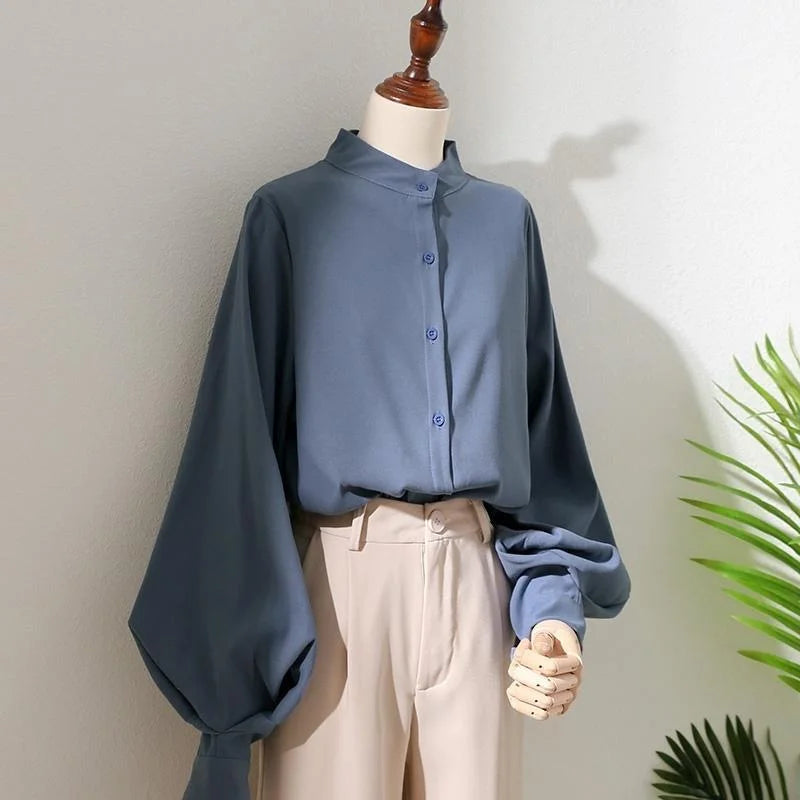 Blouses Long Lantern Sleeve Stand Collar