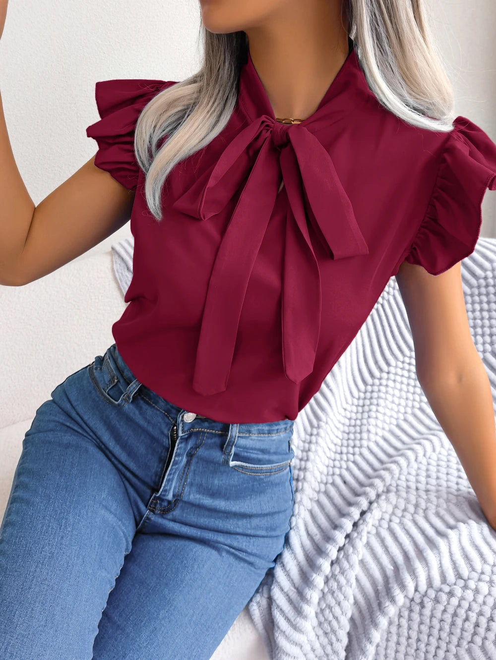 Women's Casual Bow Ruffle Short Sleeve  Blouse