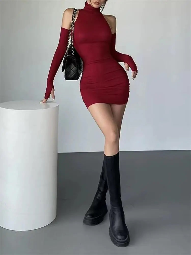 Turtleneck Mini With Sleeves Skinny Stretchy Party