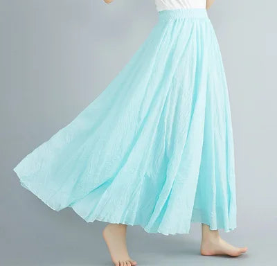 Cotton Linen Dress Elastic Waist Long Skirts