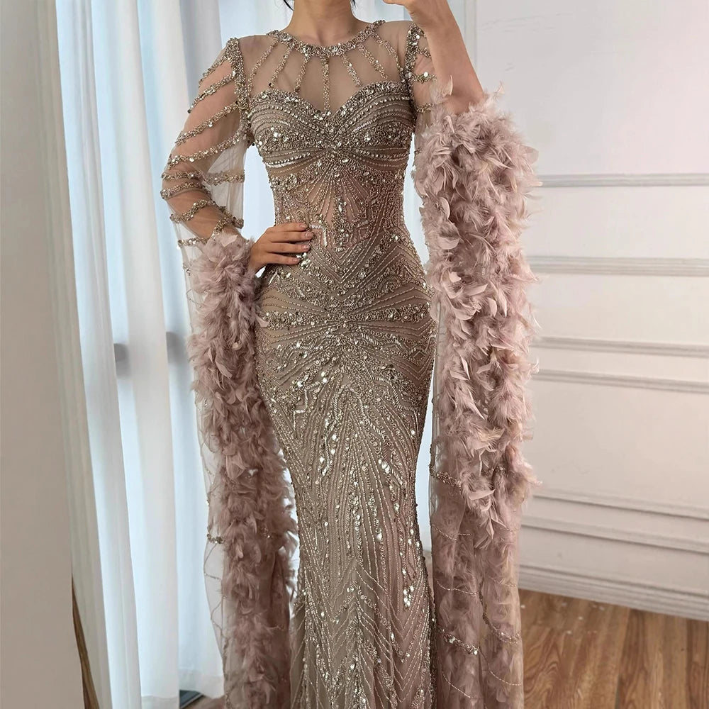 Customized Caramel Beaded Mermaid Evening Dress