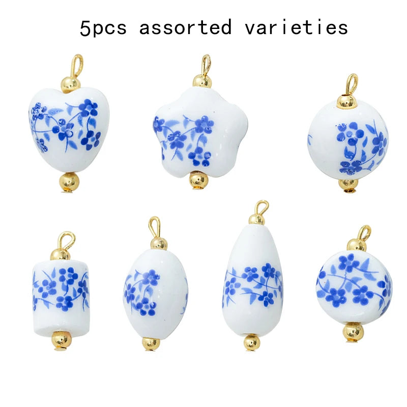 5Pcs Blue printing Adorable Ceramic Charms