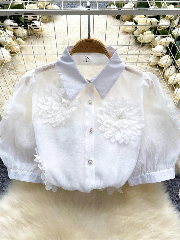 Short Sleeves Pearl Fashion  Sheer Chiffon Shirt