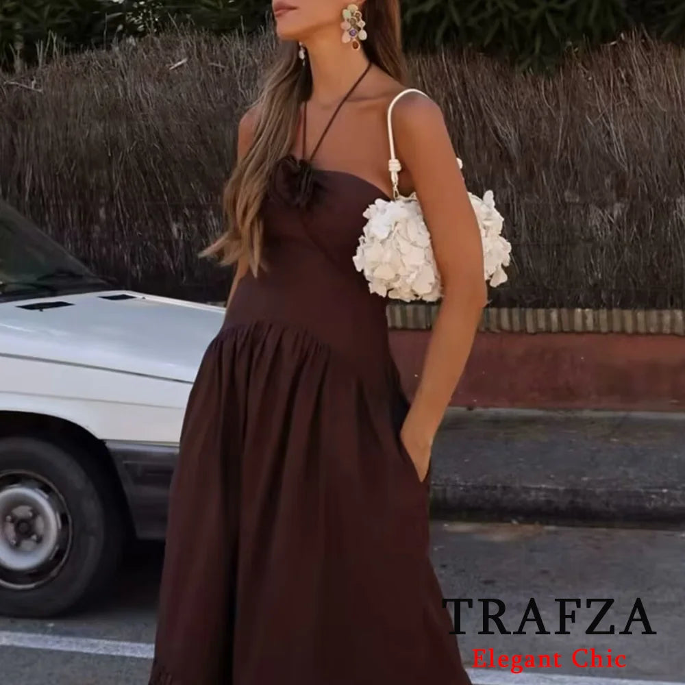 Brown Flower Halter Backless Long Dress