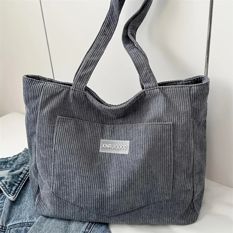 Corduroy Shoulder Tote Bag, Large Capacity