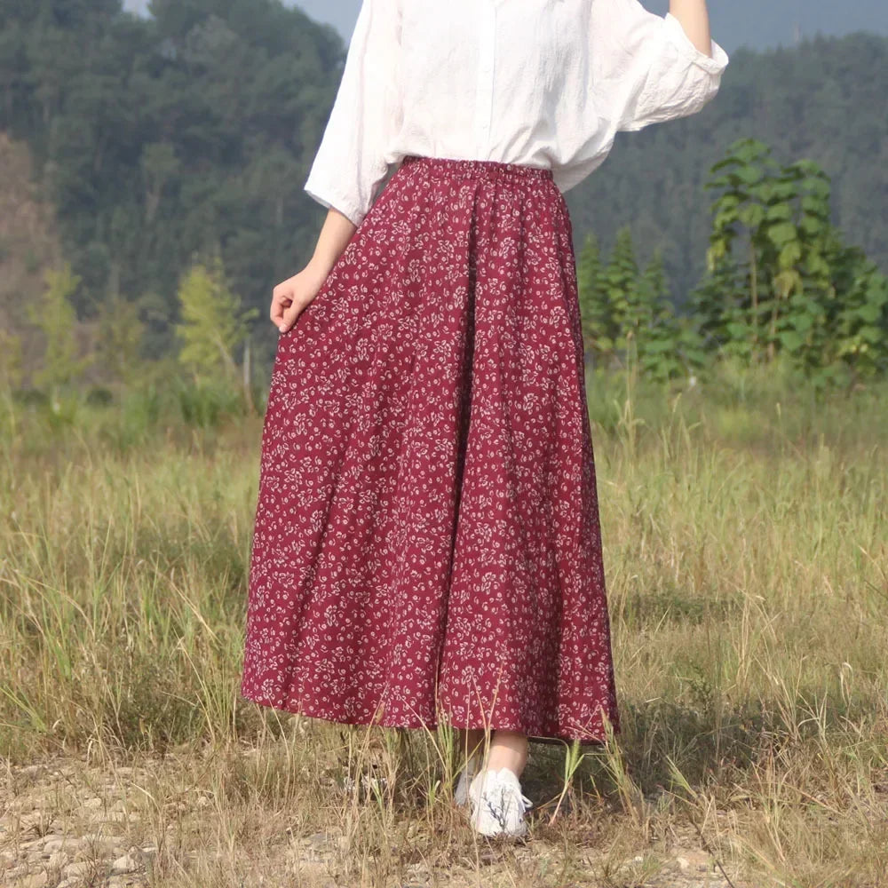 Cotton Linen Print Long Skirt Vintage