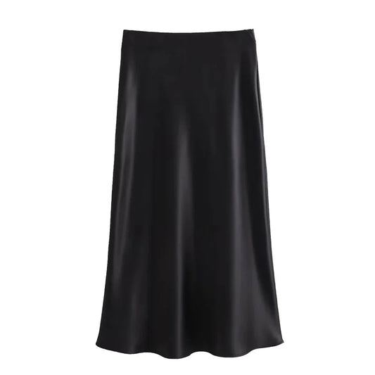 Black Satin High Waist  Midi Skirt