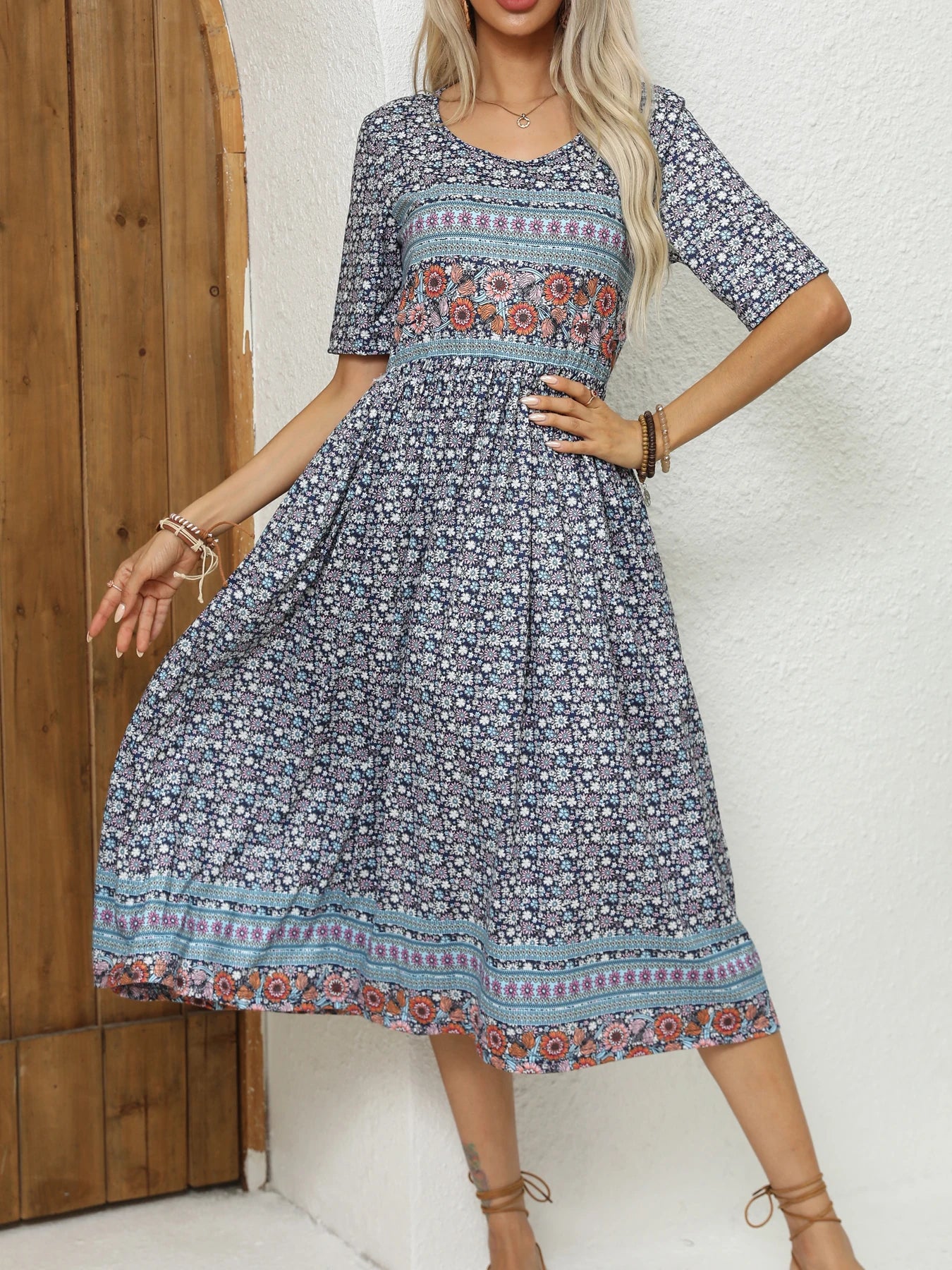 Round Neck Short Sleeve Print Dress