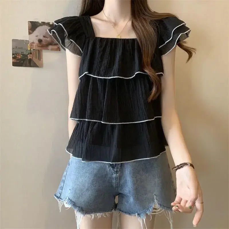 Short Sleeve Chiffon Blouse Ruffle Edge