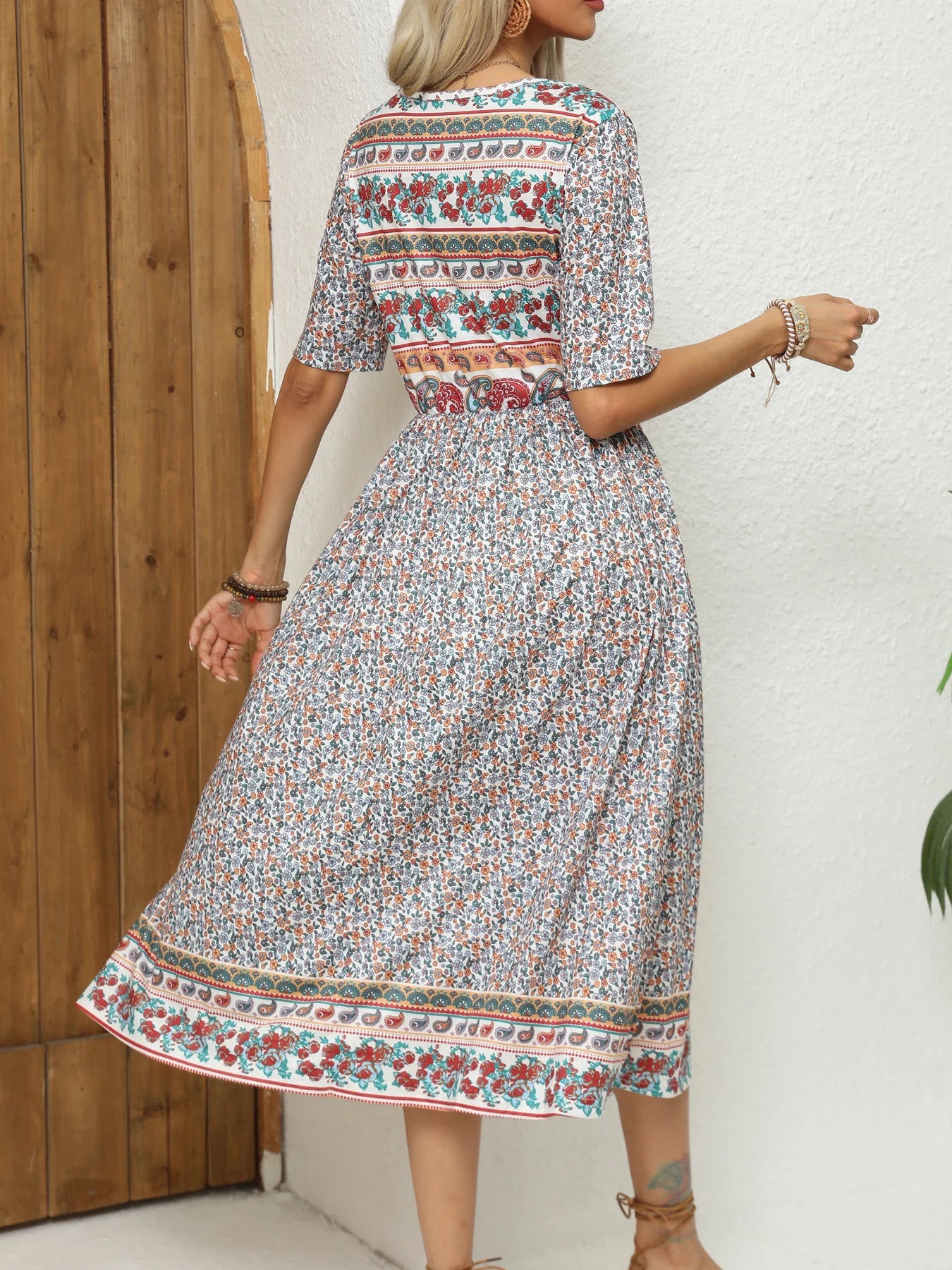 Round Neck Short Sleeve Print Dress