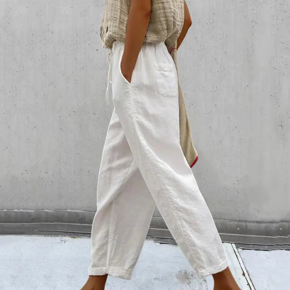 Elastic Waistband Drawstring Pockets Wide Leg Women Pants