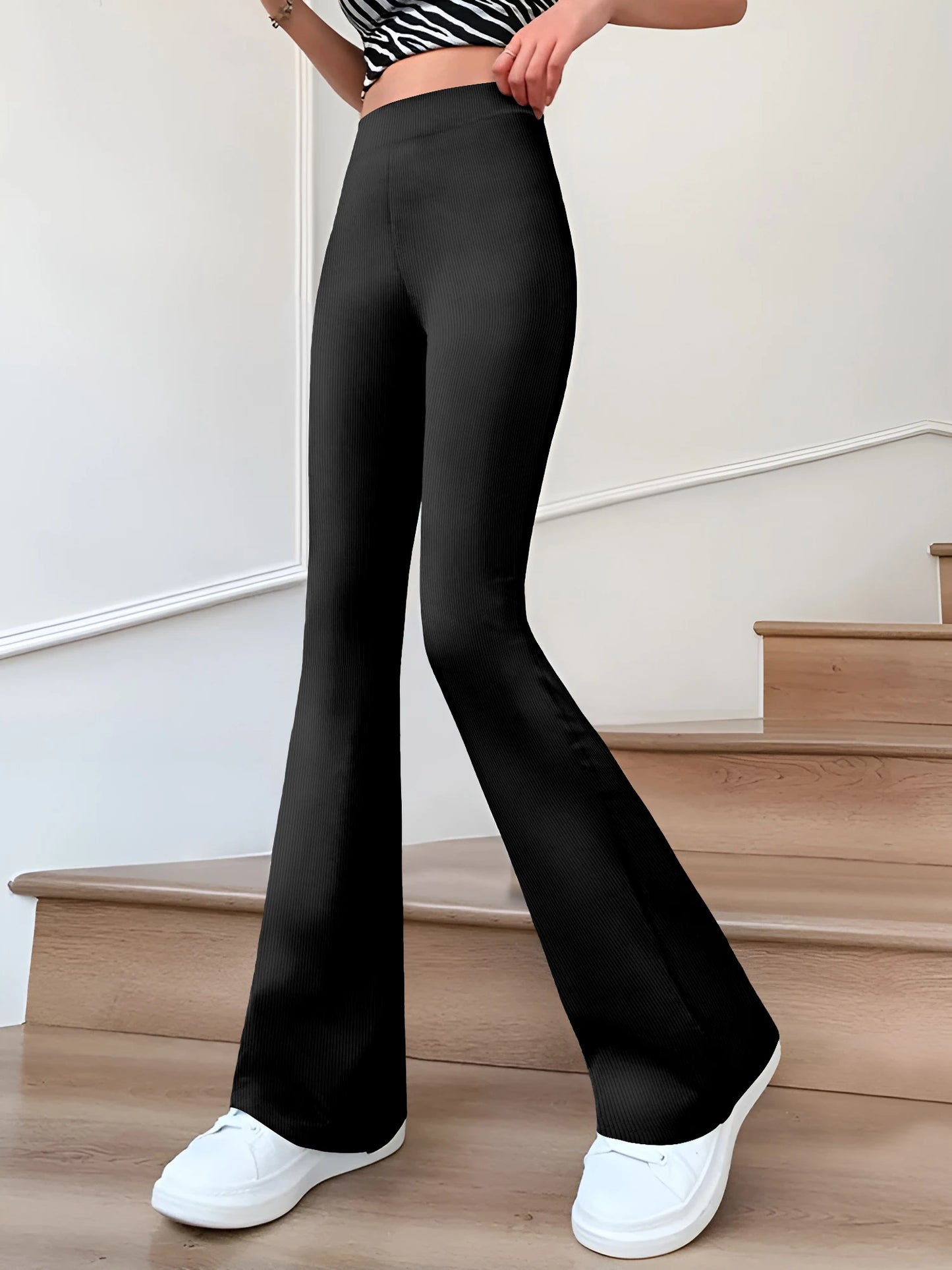 Flared Pants  Slim Solid Color High Waist
