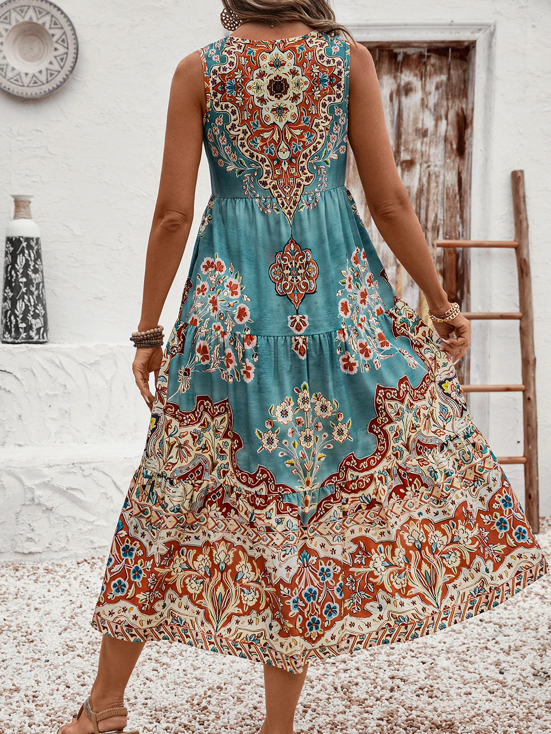 Print Crew Neck Sleeveless Beach Dress