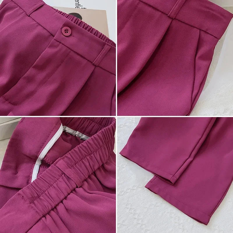 Suit Pants Solid Color Elastic Waist Ankle-Length